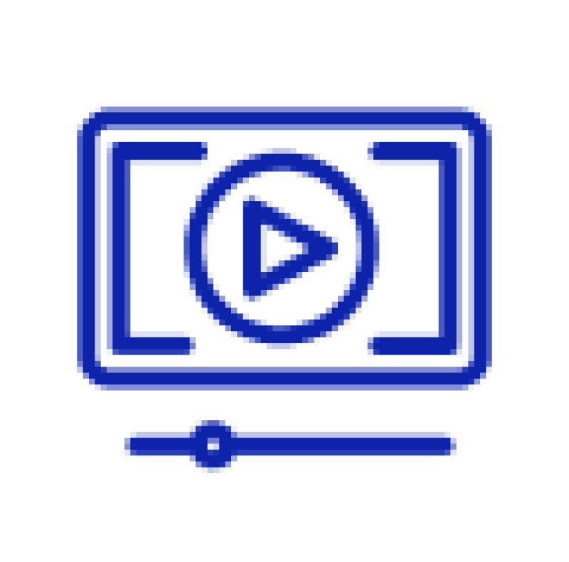 Das Bild zeigt einen blauen Umriss eines Monitors mit einem Play-Symbol in der Mitte und einer Linie darunter. Es deutet auf Video- oder Multimedia-Inhalte hin.

