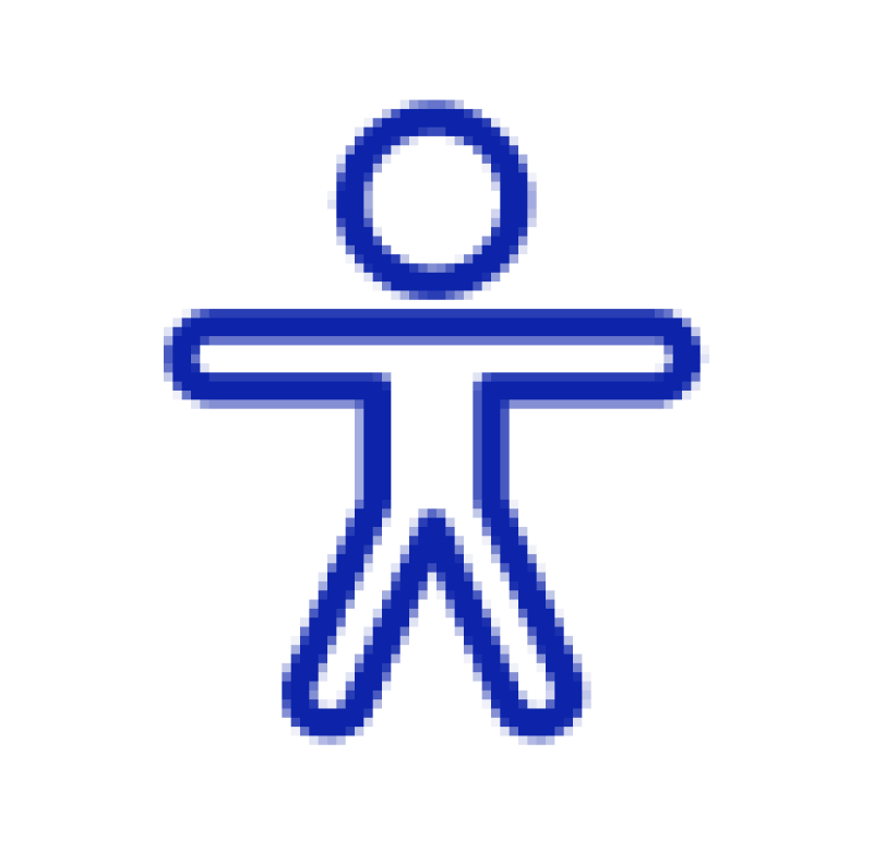 Ein blaues Piktogramm zeigt eine stilisierte Person mit ausgebreiteten Armen und Beinen auf weißem Hintergrund. Dies symbolisiert Zugänglichkeit oder Inklusivität.