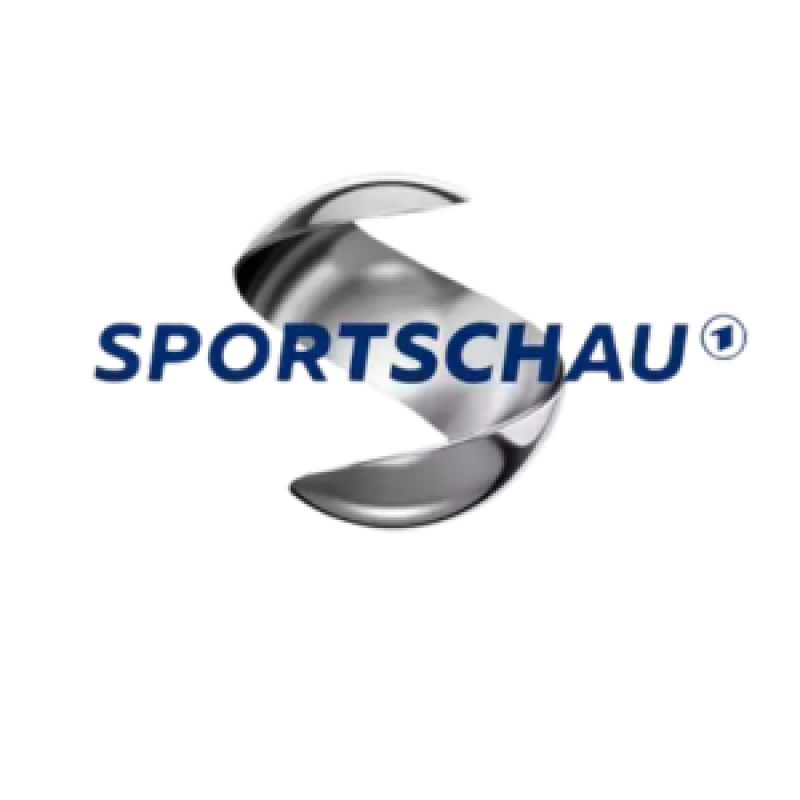 Das Bild zeigt das SPORTSCHAU-Logo mit stilisierten, dynamischen Elementen, die Bewegung und Energie im Zusammenhang mit Sport symbolisieren.